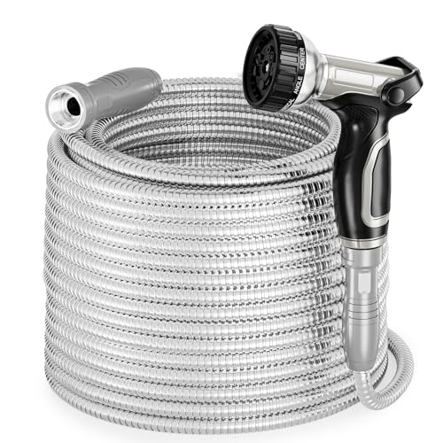 SPECILITE 304 Stainless Steel Garden Hose 50 ft with Swivel Handle, Lightweight & Flexible Water Hose with Heavy Duty Nozzle for Yard, Outdoor, Lawn