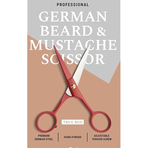 Ontaki 5" Professional German Beard & Mustache Scissors with 2 Comb & Carrying Pouch for Men - Bevel Edge for Precision - Facial Hair Grooming Kit All Body Hair - Beard Trimming Scissors - True Red Cover