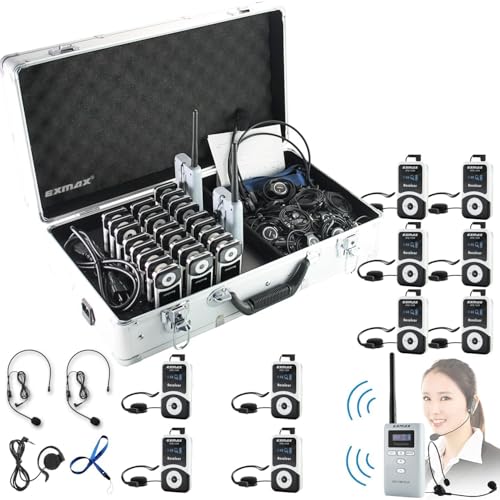 EXMAX ATG-100TS 195MHz Wireless Tour Guide System Whisper Voice Audio Transmission for Silent Meeting Court Church Translation Command Training(2 Transmitters & 25 Receivers Charge Case MiniUSB)