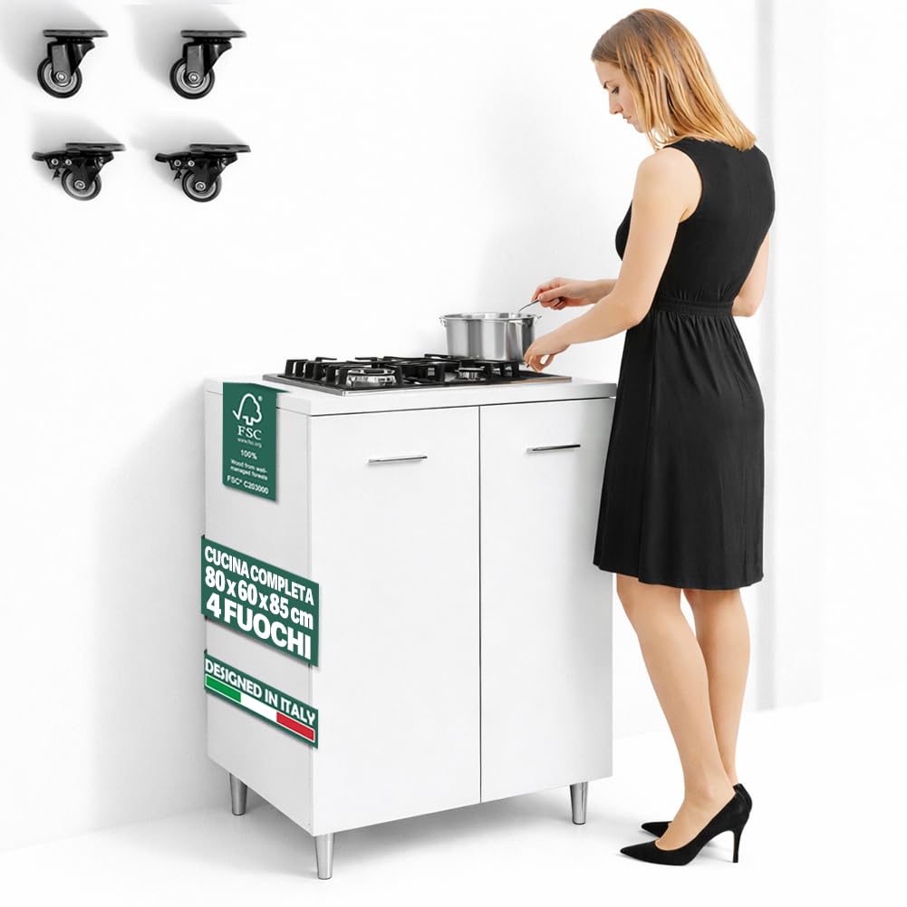 Shally Dogan Mobile Cucina Base 80 x 60 x 85 cm con Piano Cottura a gas 4 Fuochi, Piastre in Ghisa Resistenti, Montaggio con Piedini Fissi o Ruote, Kit completo monoblocco, Colore Bianco