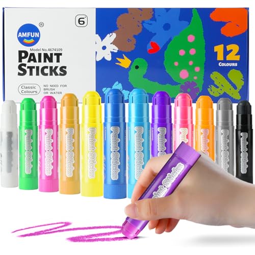 AMFUN Temperas Para Niños Lavables,12 Piezas Barras de Pintura para Niños, Pintura Tempera Lavables En Stick, Tempera Solida de Colores, Regalos Creativos De Pintura para Niños
