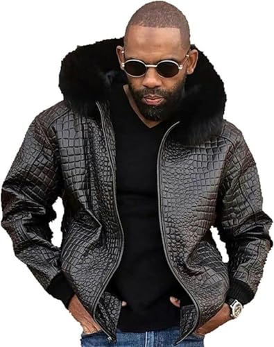 VINTEDGE BY XAINAL MEN'S REAL LEATHER JACKET CROCODILE EMBOSSED JACKET FUR HOOD BIKER JACKET (US, Alpha, X-Large, Regular, Regular, Real Leather)