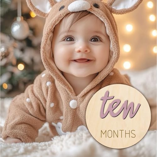 Image of Baby Monthly Milestone Markers Disc, Wooden 3D Milestone Cards for Photos, Baby Announcement Sign, 1-12 Months, wooden baby milestone sign (Blush)