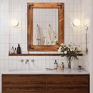 YOSHOOT Bathroom Mirror Wall Mounted, Vanity Mirrors with Natural Wood Frame, Vertical or Horizontal Rustic Decorative Mirror for Bathroom, Bedroom, Living Room Décor (70x50 cm, Sheet-Brown)