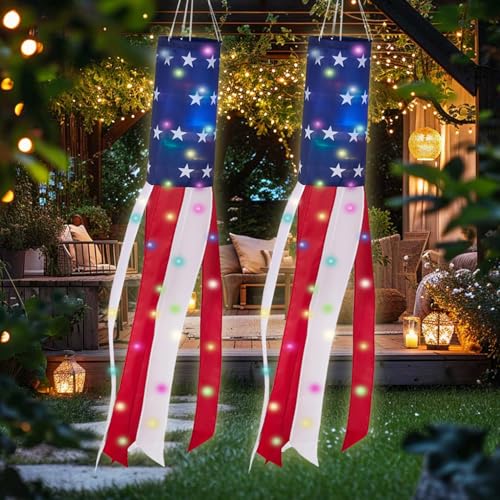 THQZLH 2pcs 40' American Flag windsock ，4th of July Wind Sock with LED Lights，Hanging Decor for Independence Day, Memorial Day, Yard, Garden, Party