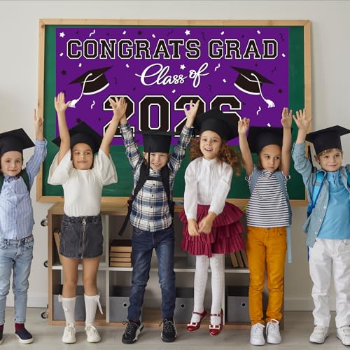 Image of 2026 Graduation Party Plastic Backdrop - 65 inch x 32.7 inch Congrats Grad Banner in Purple, Large Class of 2026 Decorations, Photography & Grad Party Supplies