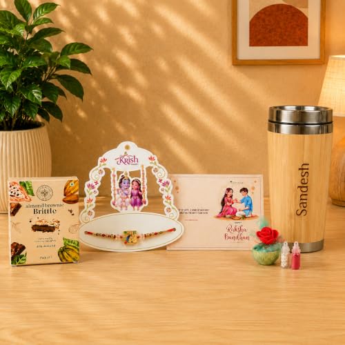 Image of Giftana Rakhi Gift Set for Brother, Designer Rakhi with Personalized Tumbler, Brownie Brittle, Roli Chawal Set for Raksha Bandhan Gift for Brother, Bhai, Bamboo Tumbler 450ml