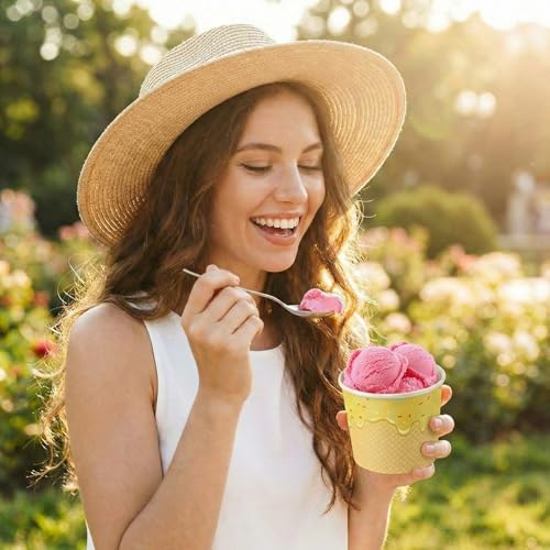 Image of Jingmore 100 Count Paper Ice Cream Cups with Clear Dome Lids Disposable Dessert Cups Bulk Dessert Bowls Sundae Containers for Snack Yogurt Soup Birthday Ice Cream Party Supplies (4 oz)