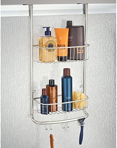 mDesign Over Door Shower Caddy - Toiletry Storage Shelves - Hanging Bathroom Organiser with Hooks for Loofahs - Satin