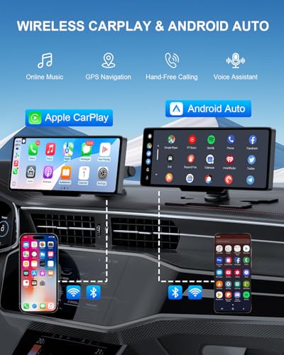 HK3 Carplay Screen for Car, 10.26’’ Wireless Apple Car Play & Android Auto Touchscreen, with 4K Dash Cam,1080P Backup Camera,64GB TF card, Car Stereo/GPS Navigation/Mirror Link/Bluetooth/Voice Control