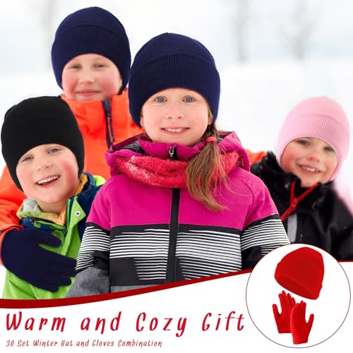 Image of Xtinmee 60 Pcs Kids Beanie and Gloves Winter Set Knit Hat and Gloves Bulk for Boys Girls Children Cold Weather Homeless Shelters Supplies, Multicolor