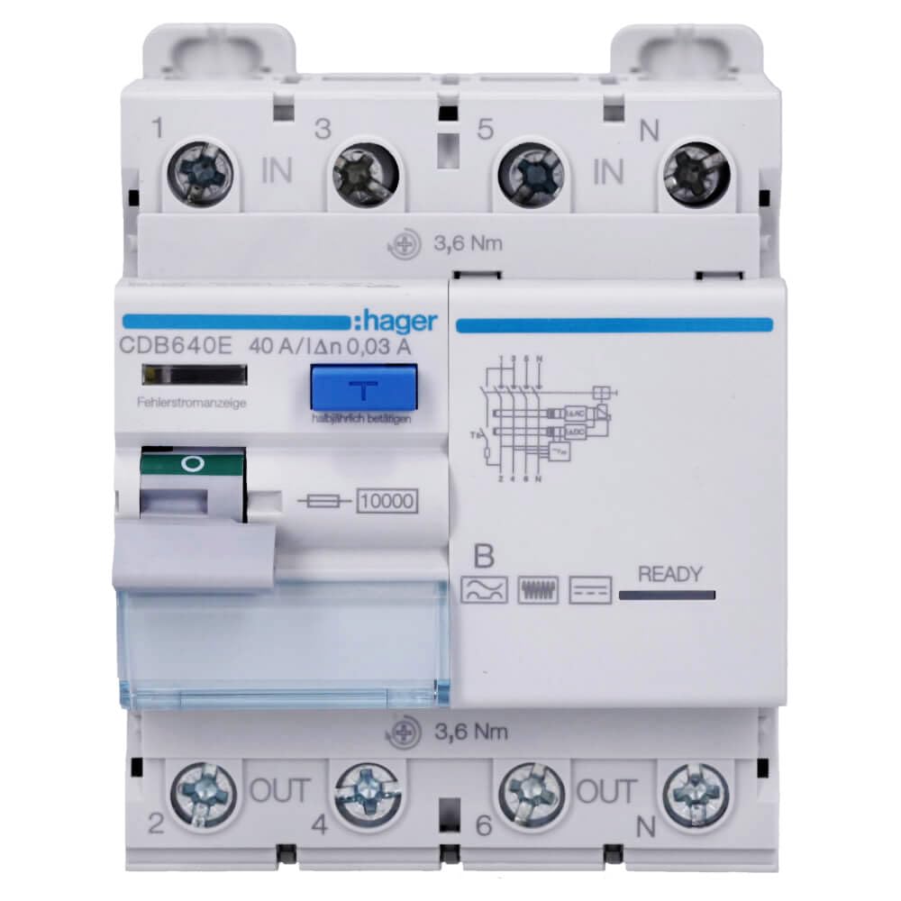 Fehlerstromschutzschalter 4p 10kA40A30mA TypB CDB640E 3250611627852 Hager