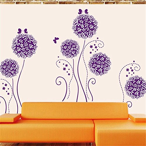 Amaonm Purple Hydrangea Shape Dandelions Nursery Flowers Wall Decals Removable Butterfly Home Art Decor Decal Wall Stickers Murals for Kids Girls Room Bedroom Living Room Tv Background Decorations