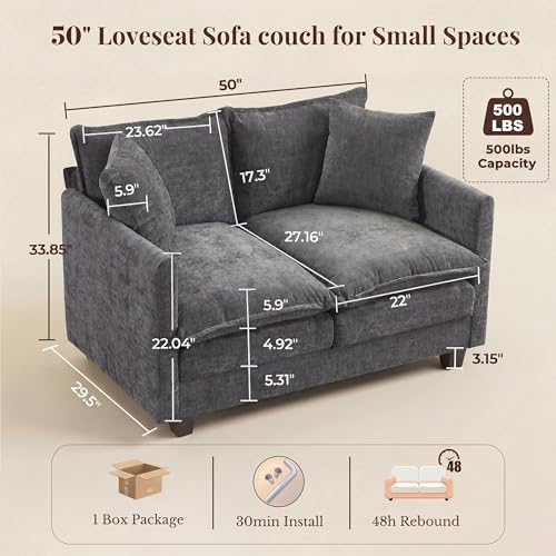 Image of Loveseat Sofa with Cloud 3-Layer Cushion & 27 inch Deep Seat, Modern Love Seat Small Couch with 2 Washable Pillows for Small Spaces, Bedroom, Apartment, Office, Living Room, in a Box, 50-Inch Grey