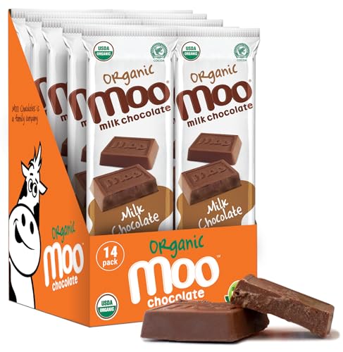 Moo Chocolates Organic Solid Milk Chocolate Large Bars 1.4 oz, 14 ct (Pack of 1) | USDA Organic, Non-GMO | 110 Calorie Snacks for On-the-Go, Lunchboxes, Office