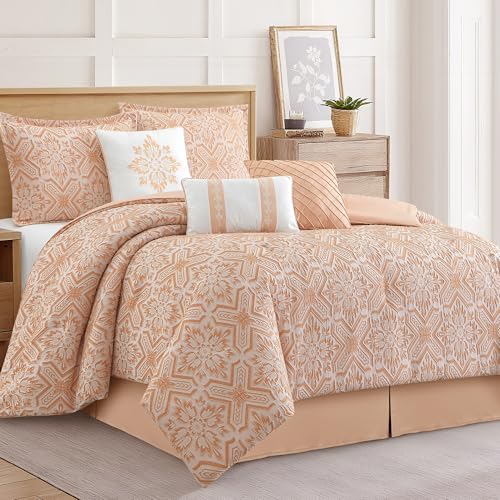 Image of LANCO MODERN LIFESTYLE 7 Pieces Orange Comforter Set, California King, Jacquard with Matching Solid Microfiber Piecework, Snowflake Linear Textures, Includes Bed Skirt, Shams, and Decor Pillows