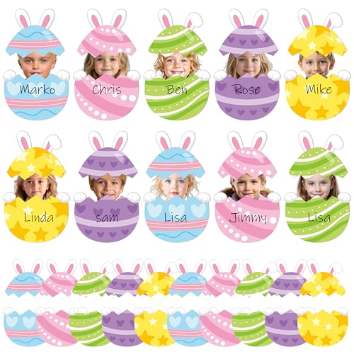 BeYumi Easter Bunny Egg Cutouts - 50Pcs Easter DIY Cute Bunny Ear Egg Photo Craft for Kids Christian Eggs Name Tag Paper Cutouts Set School Classroom Party Activities Chalkboard Bulletin Board Decor
