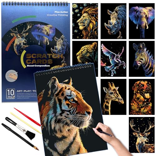 DESINIK Animals Scratch Art Painting Book for Adults-Colorful Animal Scratch Paper|Scratch Painting Paper Craft Kit|Creative Foil Engraving Scratch Art|Stress Relief Gift for Craft Lovers(10PCS)