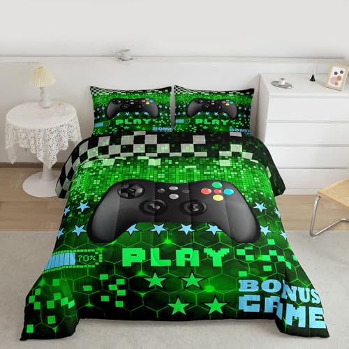 Image of Feelyou Gaming Comforter Set Toddler Size Teens Gamer Bedding Set for Kids Boys Game Controller Reversible Comforter Gamepad Quilt Fluorescent Green 1 Comforter Set Toddler Size with 1 Pillowcase