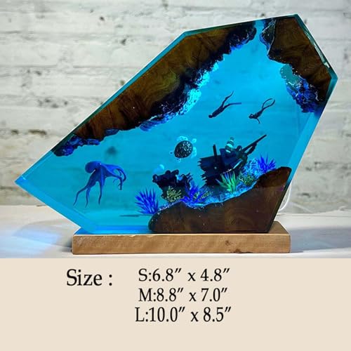 Image of Drawelry Ocean Creative Epoxy Resin Wood Light Lamp, Handmade Multi Color Aquatic Ocean Lamp Deep Sea Cave Diving Enthusiasts Led Night Light Desktop Decor Birthday Gift (Octopus, M)