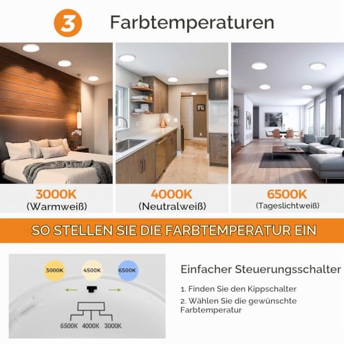 slochi Deckenlampe LED Deckenleuchte Flach, Ø18CM 3Farben 15W 1500LM Weiß – Ansicht 2