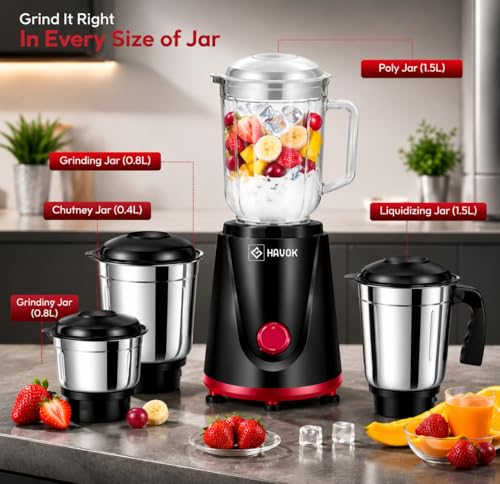 Image of HAVOK Valuemix 750W Juicer Mixer Grinder | Powerful Motor with 20,000 RPM | Includes 4 Stainless Steel Jars | Auto Overload Protection | Sleek Black & Red Design