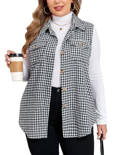 ZOMVA Plus Size 1X-5X Women's Flannel Houndstooth Long Vest Button Down Sleeveless Jacket Shacket Coat Casual Fall Fashion Outfits, Black Houndstooth, 2X