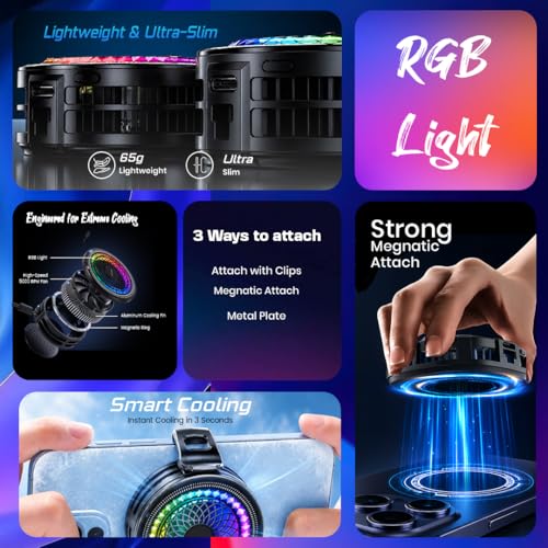 Image of PunnkFunnk Mobile Phone Cooler for Gaming | Fast Cooling Semiconductor Phone Cooler | RGB LED Cooling Fan for Android & iPhone | Low Noise Portable Mobile Radiator for PUBG, BGMI, COD (Black)