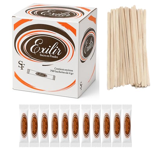 Lot de 750 Sachets EXILIR Bûchettes de Sucre Individuels de 4g (3kg) avec un lot d'agitateurs en bois - Inclus des agitateurs en bois - Idéal pour les Boissons Chaudes, Cafés et Thés