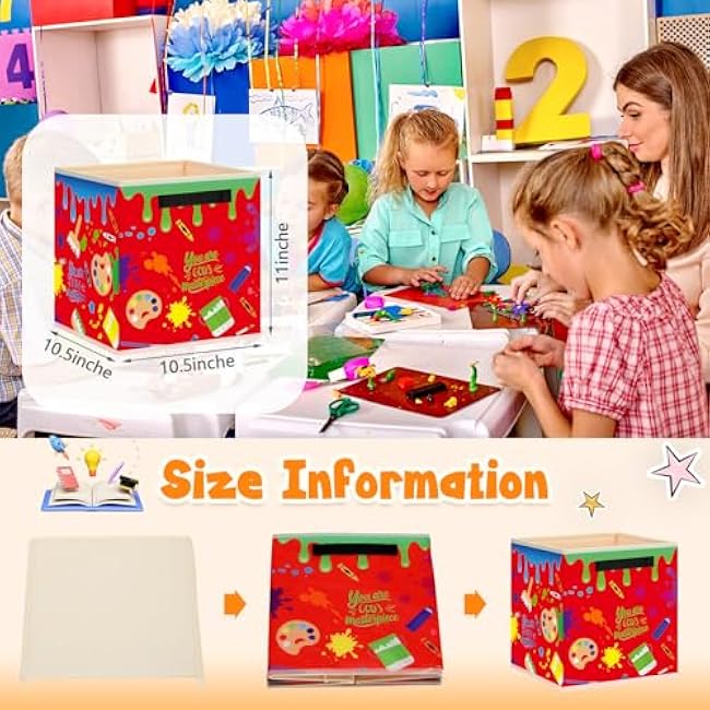 Weysat 6 Pcs 11 Inch Back to School Storage Bins Classroom Fabric Book Storage Cubby Bins Paint Splatter Folding Basket Organizers Colorful Cube with Handles for Daycare Elementary Teachers