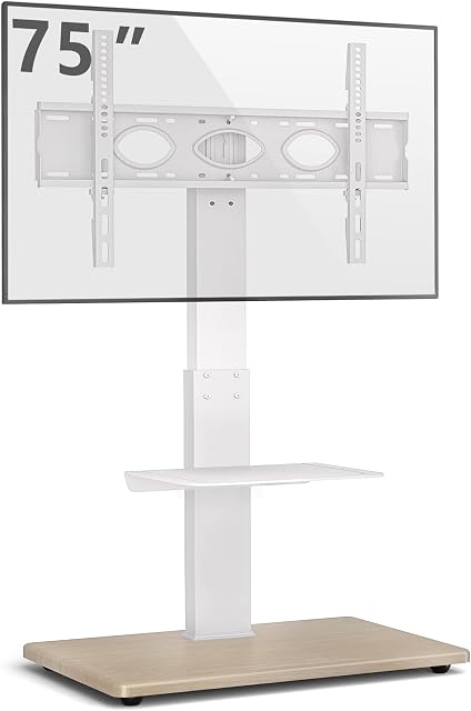 RFIVER Universal Swivel Floor TV Stand with Sturdy Wood Base for 32-75 Inch LCD LED Flat/Curved Screen TVs, Height Adjustable Standing TV Stand with Flexible Shelf and Internal Cable Management, White