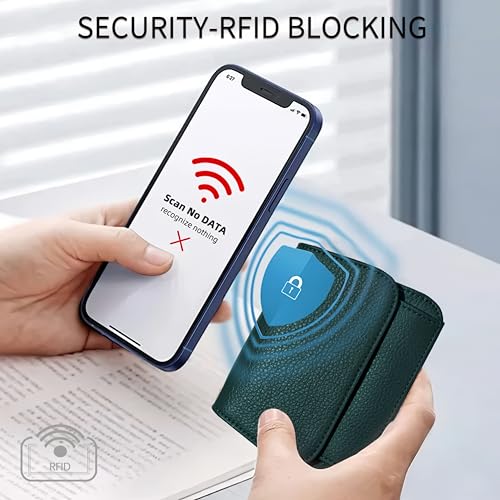 Image of Women Small Wallet RFID Blocking Slim Wallet with Coin Pocket Tri-Fold Credit Card Holder with ID Window and Keychain (Dark Green)
