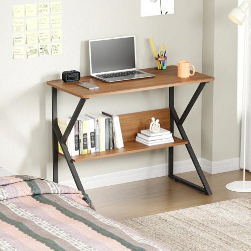 Lukzer Modern Engineered Wood Computer Desk with Built-in Bookshelf, Space-Saving Design, Oak Brown Top & Black Frame, 100x50x78cm (MST-001) - Image 5