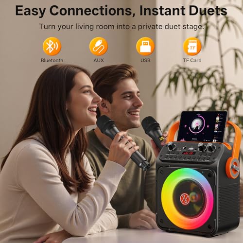 Image of Karaoke Machine, Portable Bluetooth Karaoke Speaker with 2 Wireless Microphones for Adults, PA System with Echo Adjustment, LED Lights, Supports USB /TF /REC /FM /AUX, for Home Party, Outdoor