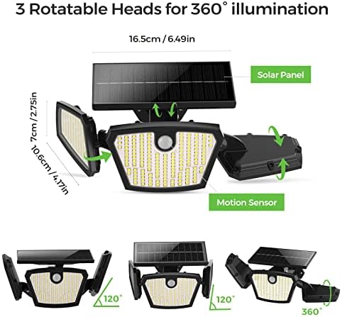 350 LEDs Solar Security Lights, 3 Heads Solar Lights Outdoor with Motion Sensor, Stake, Waterproof Solar Wall Lights with 3 Intelligent Modes for Yard, Front Door, Pathway, Garage