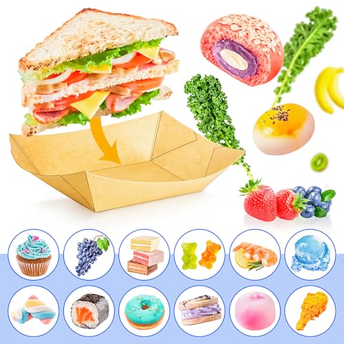 MotBach 120 Pack 2Lb Paper Food Boat Trays Disposable Paper Boat Plate Containers, Kraft Food Serving Tray Boats Baskets for Snack Popcorn Dessert BBQ Hot Dog Burger Sandwich Taco Fries Nacho