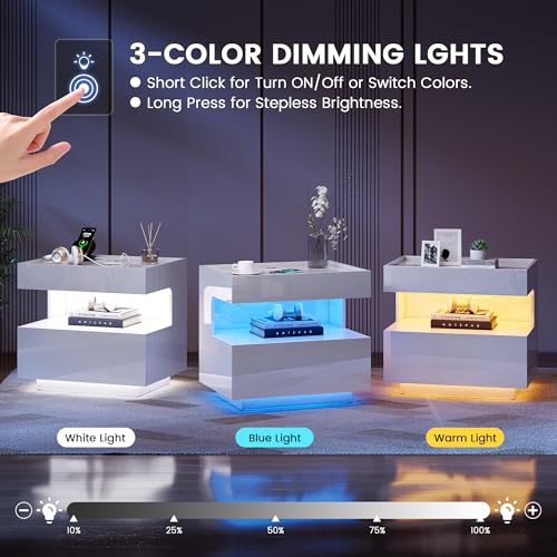 Image of HNEBC High‑Gloss LED Nightstand Set of 2 for Bedroom | Motion‑Sensor 3‑Color Lighting, Hidden Storage Compartment, Gun Drawers, USB, Type‑C & Wireless Charging Station-White Night Stand Set 2