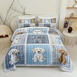lneffble Cute Dog Theme Quilt for Queen Size Bed，Simplicity Blue, White, Gray Dog Quilt Patterns for Quilting，1 Bedspread with 2 Pillow for Kids Adults Bedroom Decor 96X90 Inches
