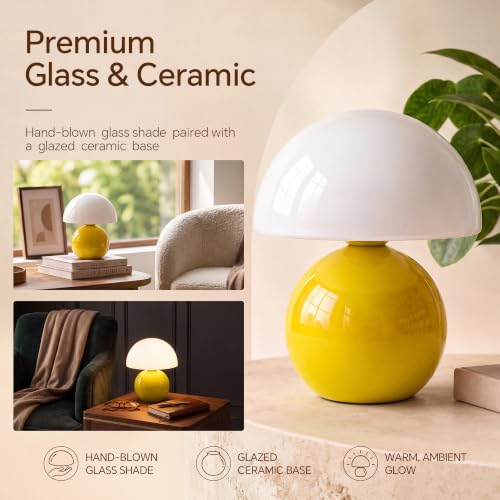 Image of Dawnwake Mushroom Lamp Table Lamp for Bedroom-Small Desk Table Lamps,Yellow | 8.7 inch Mid Century Modern Table Lamps for Living Room Bedroom Decor,Cute Ceramic Lamps for Mushroom Home Room Decor,Glass Shade