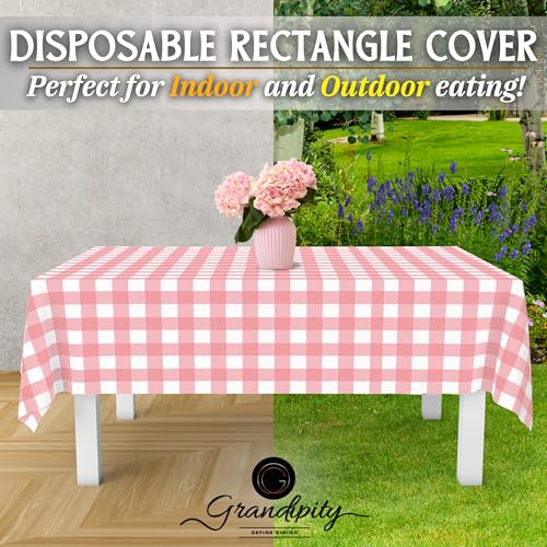 Image of Grandipity Plastic Table Cloth Disposable 12 Pack 54 inch x 108 inch Rectangle | Pink Gingham Plastic table covers, durable disposable tablecloths, fade and tear-resistent table cover for party, event