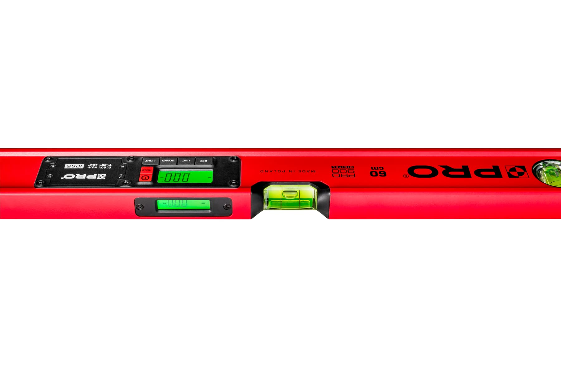 PRO900 Niveau Electronique 60cm avec 2 écrans LCD et pochette - Niveau à bulle numérique avec mémoire de mesure jusqu'à 19 résultats - Indice de protection IP65 - Couleur Rouge