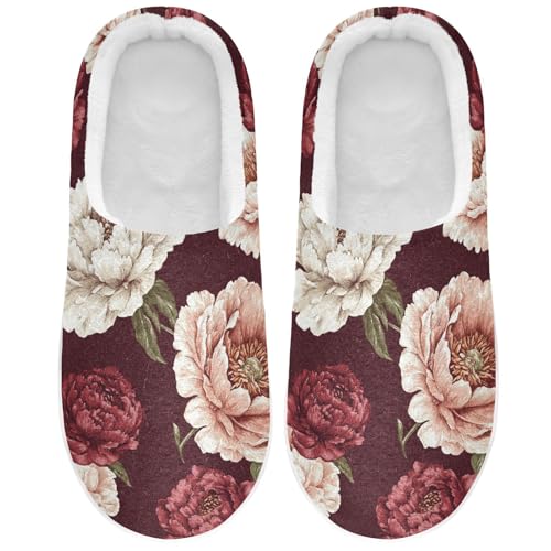 JUNZAN Vintage Peony Burgundy Womens House Cotton Slippers Lightweight Memory Foam Ladies Slippers for Hotel Funny Presents 6-7