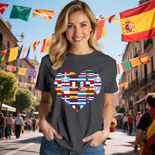 Womens Hispanic Heritage Month Shirt National Latino Countries Flags Printing T-Shirts Heart Printing Tee Tops2