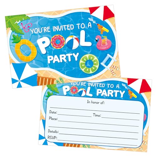 Luckyhern 50 Pack Pool Party Invitations Summer Birthday Party Supplies Invitation Cards for Pool Invite Cards (Card-1)