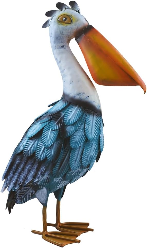 17" Metal Pelican Statue Coastal Ocean Bird Sculpture for Outdoor Garden Yard Art