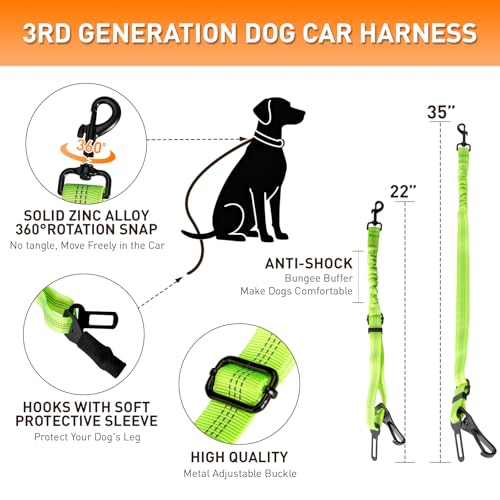 2 Packs Dog Seat Belt for Car,Adjustable 4-in-1 Dog Car Seatbelt Leash with Hook & Buckle,Elastic Bungee Reflective Vehicle Car Headrest Restraint Tether for Small Medium Large Dogs Pet (Green) - Image 3