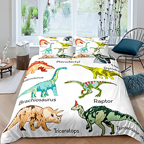Loussiesd Dinosaur Bed Linen Children 135 x 200 cm Girls Colourful Dinos Duvet Cover Set Cute Dinosaur Animal Bedding Set for Boys Teenagers Decor Soft Microfibre with 1 Pillow Case Zip