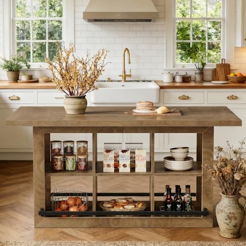 Tribesigns Kitchen Island with Storage, 62.6\" Farmhouse Table with 6-Cubby Open Shelves & Metal Foot Rail, Butcher Block Style Counter Height Stationary Unit - Thumbnail 7