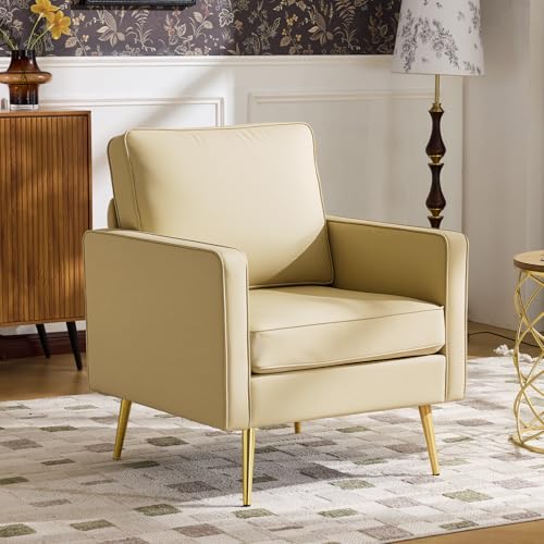 Image of VINGLI Modern Accent Chair, Upholstered Faux Leather PU Armchair with Thick Cushion & Metal Legs, Comfortable Reading Chair for Living Room, Bedroom, Office, Green