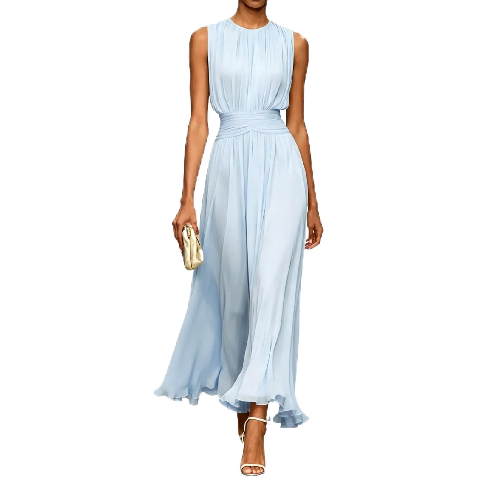 Ärmelloses Maxi-Kleid für Damen – Festliches Abendkleid in A-Linie mit Rundhalsausschnitt, Faltenlegung und Geraffter Taille; ideal für Sommerhochzeiten, als Gast oder Brautjungfer
